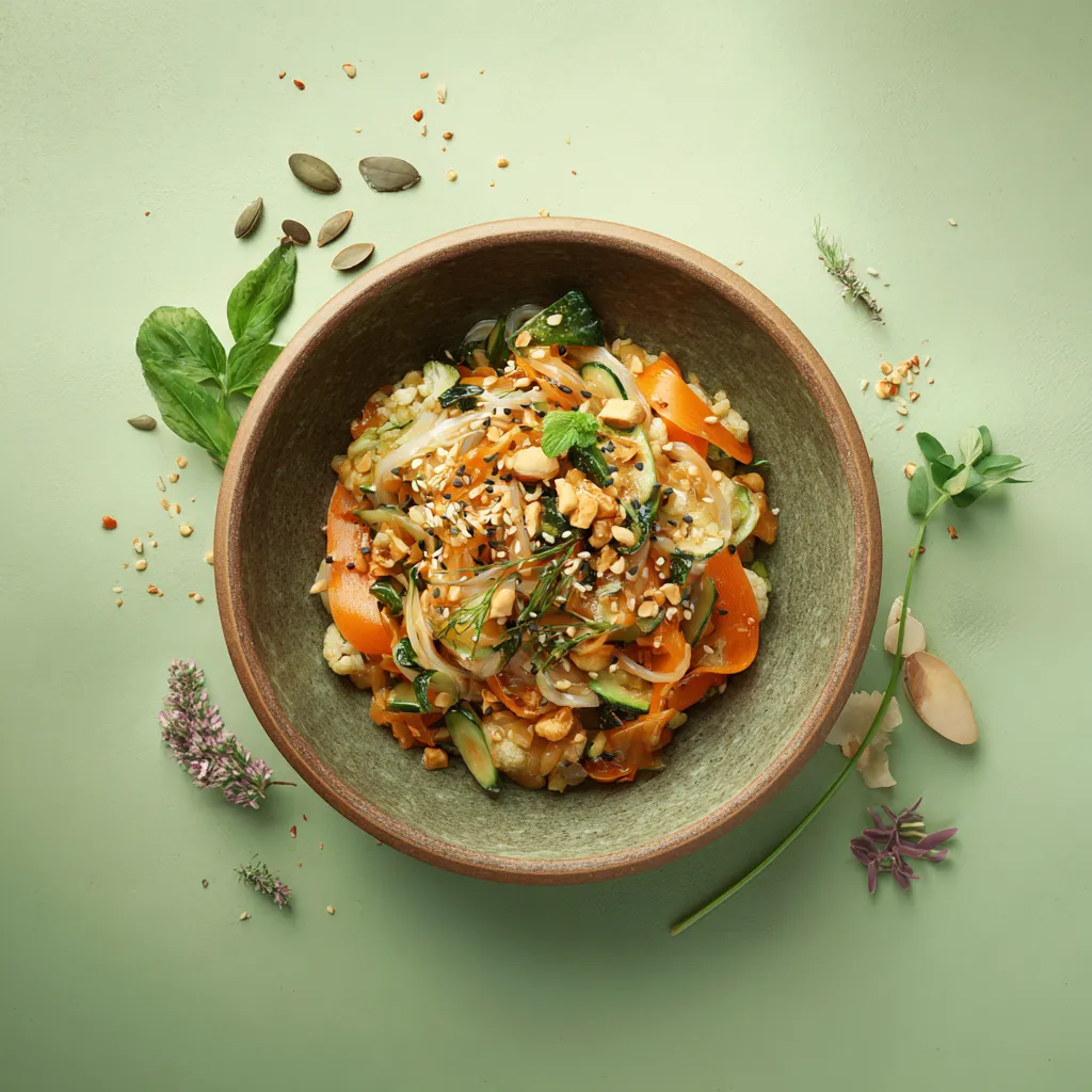 [7119] Bobun à l'émincé végé, nouilles de riz, carottes, courgette, chou fleur sauce soja