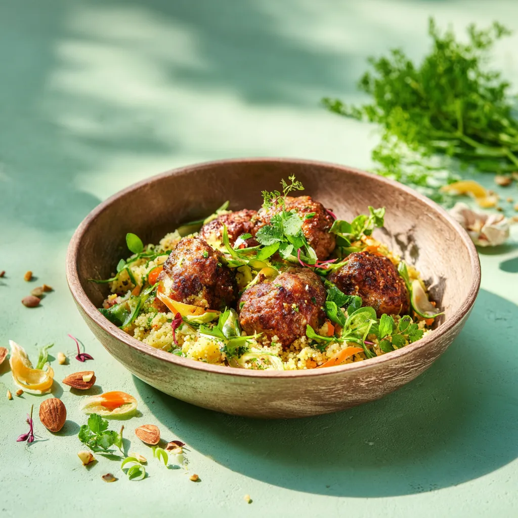 Bouchée de soja tomate sauce marocaine, Semoule aux légumes et épices