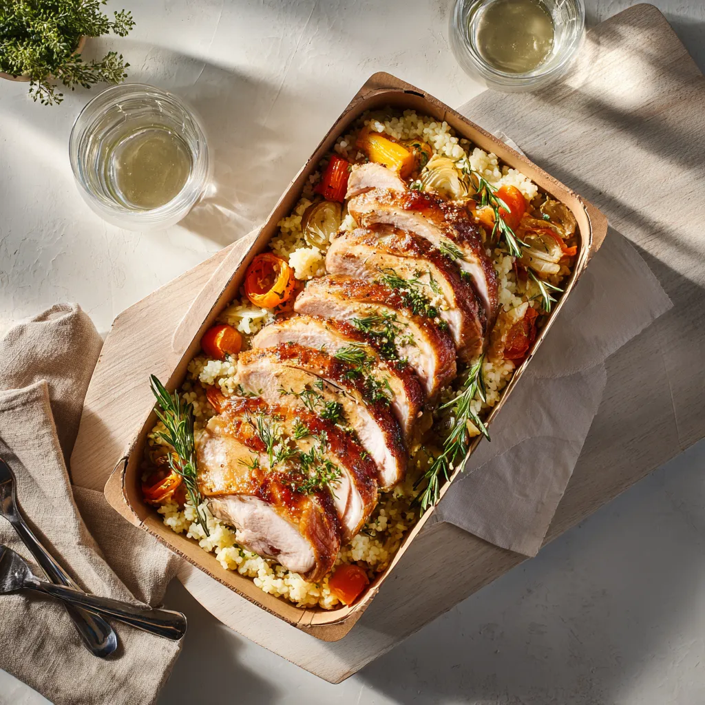 Emincé de dinde rôtie au sirop d'érable, risotto et légumes confits à l'aneth