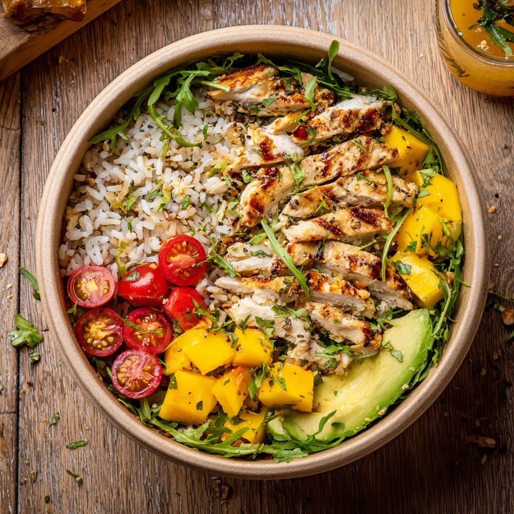 [8035] Fraich'Bol Tropicale (Poulet grillé mariné au citron vert et miel, mangue, avocat, salade,riz Basmati, tomate,vinaigrette à l'orange)