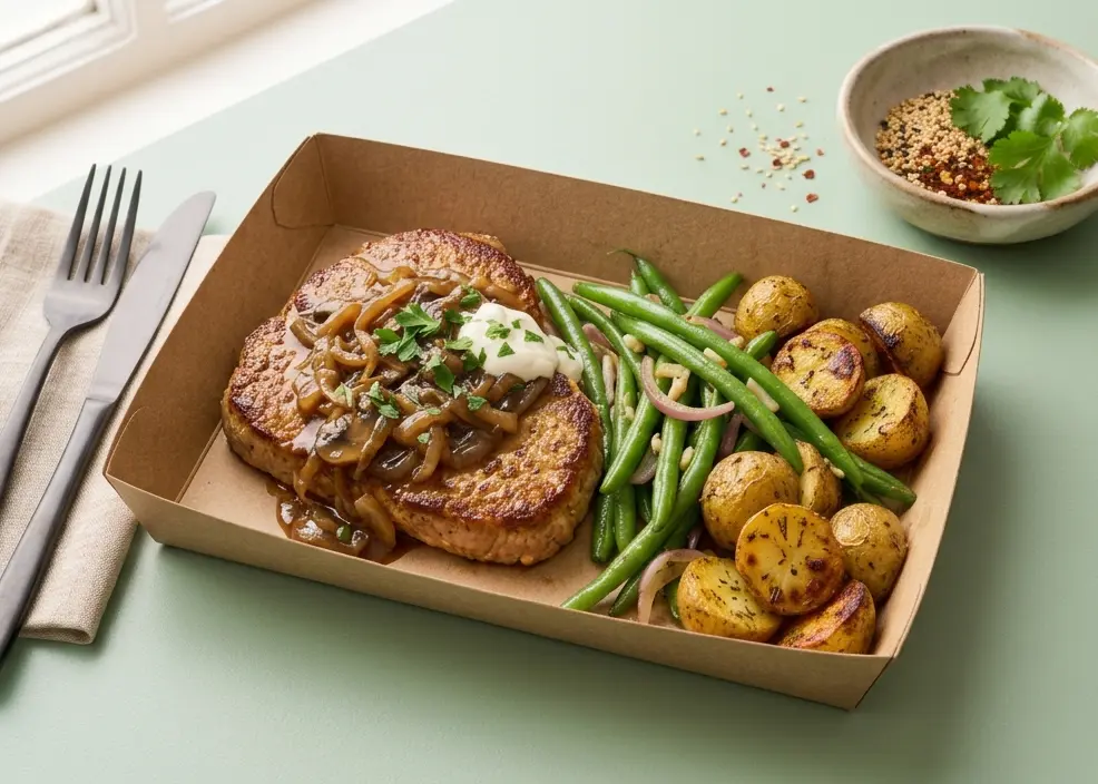 [6791] Galette de blé aux oignons sauce Madère aux champignons, poêlée d'haricots verts façon Niçoise