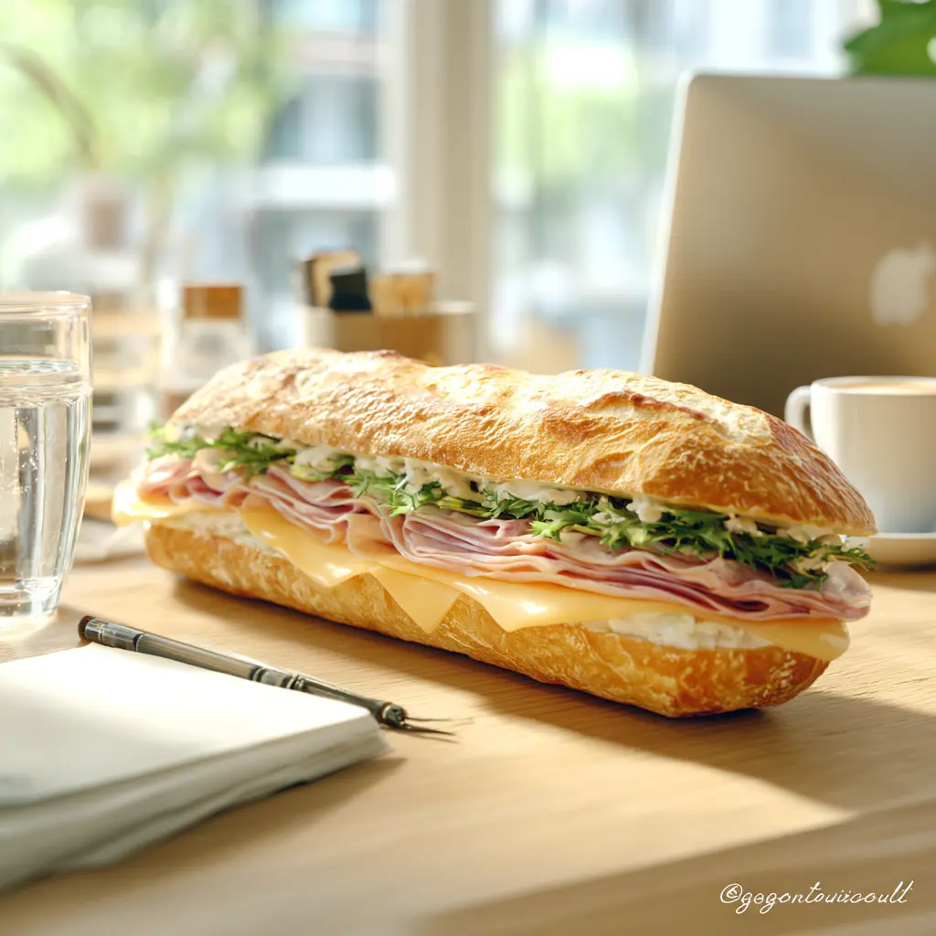 [6347] Pique -Mie "Le Londonien" (baguette sandwich, cheddar, jambon,salade, cornichon, mayonnaise)