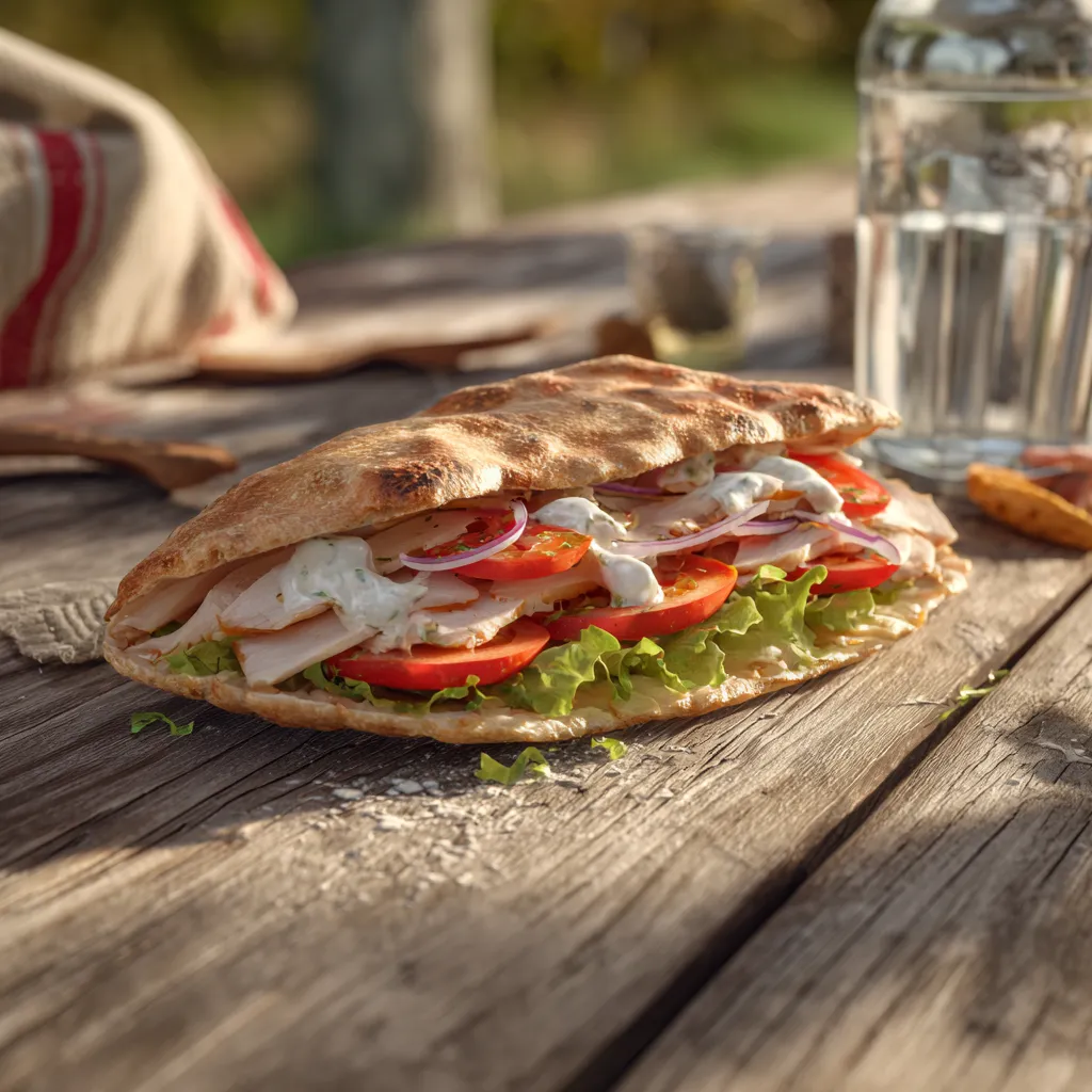 Pique- Mie "Libanais" (pain kébab, filet de dinde, tomates, oignons, salade, sauce blanche)