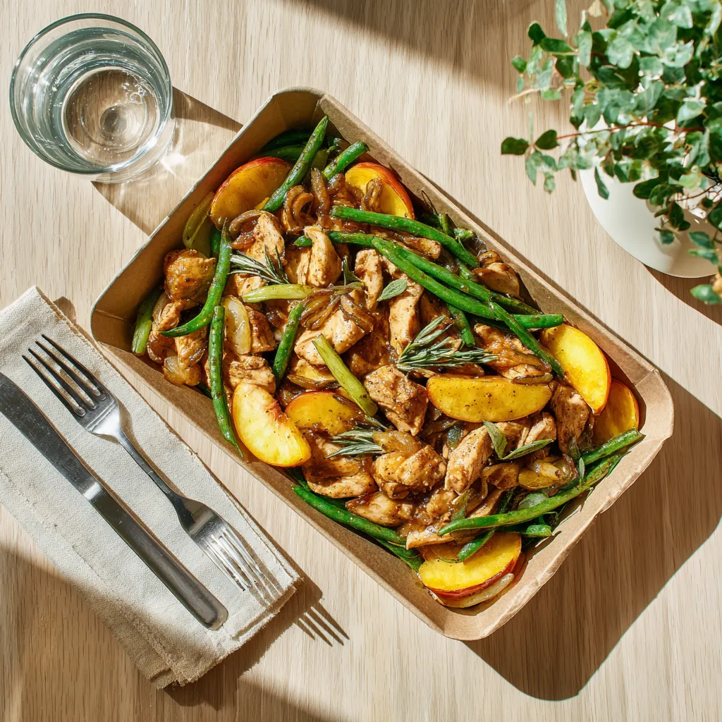 [7708] Sauté de dinde aux pêches rôties, poêlée haricots verts à l'ail