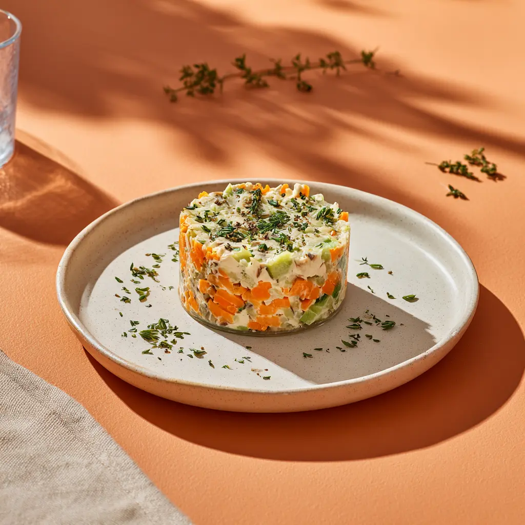 Terrine de légumes à la creme de champignons (carottes, courgettes, brocolis) sauce ail et fines herbes