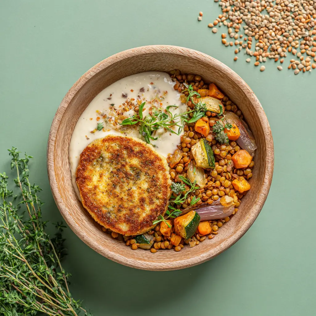 [8094] Galette de boulgour et lentilles corail crème nantaise, Céréales gourmandes et légumes rôtis